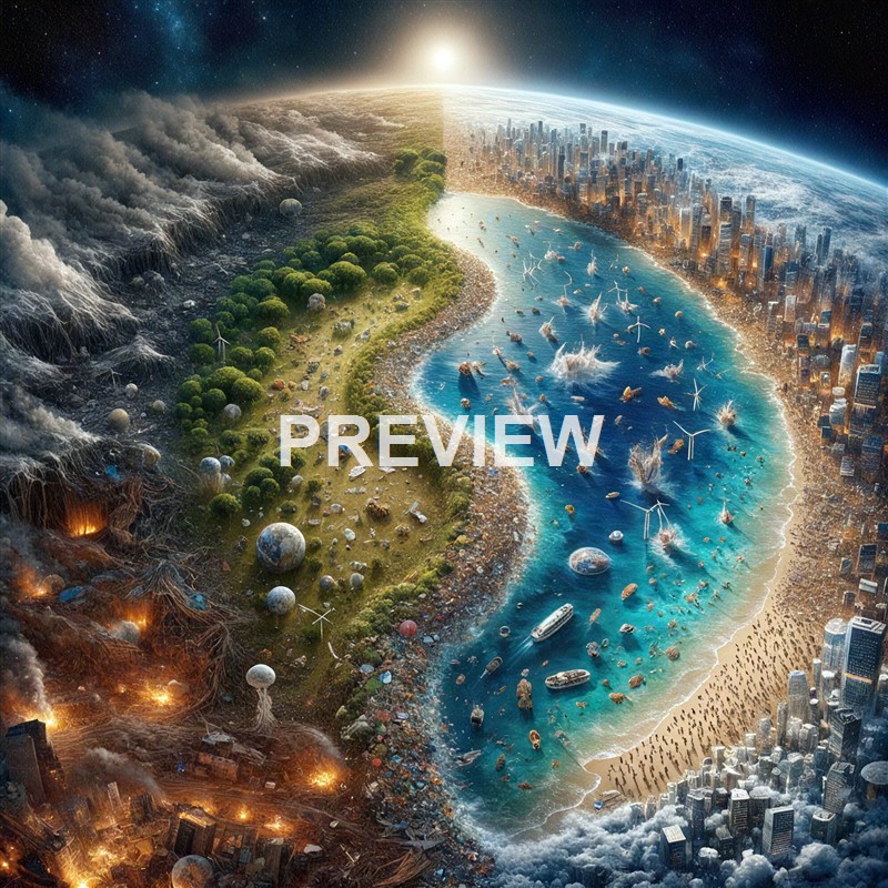 The image depicts a stark contrast between a lush, green, natural landscape with forests, rivers, and wind turbines on one side, and a heavily polluted, devastated city with smoke, debris, and environmental destruction on the other, with a split in the middle showing the impact of human activity on the environment.